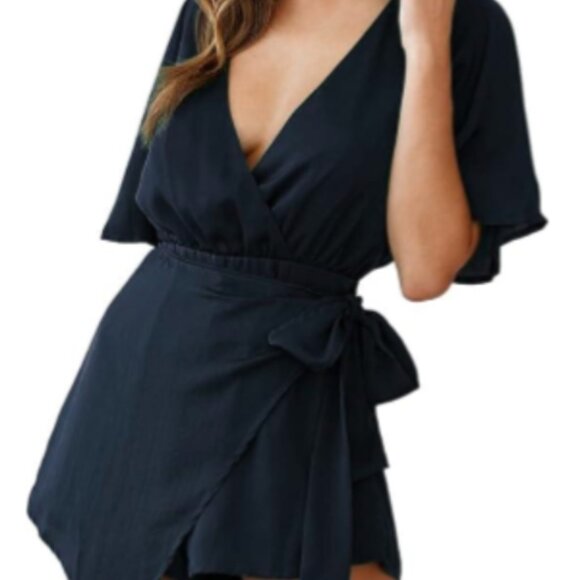 Flared Sleeve Romper V Neck Waist Tie Knot Solid Romper Casual - Picture 9 of 12